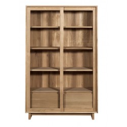 Chene Wave bibliotheque-2 portes vitrees coulissantes / 2 tiroirs-110-46-183cm-